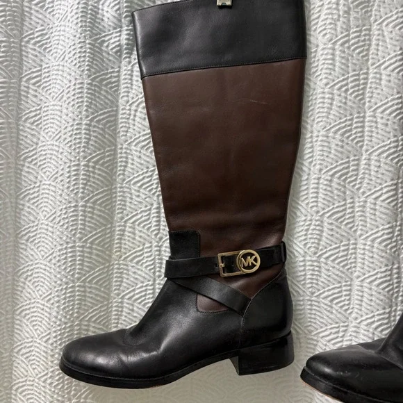 Michael Kors Riding Boots Leather Block Heel Knee High Brown Black Size 8.5M - Picture 2 of 12